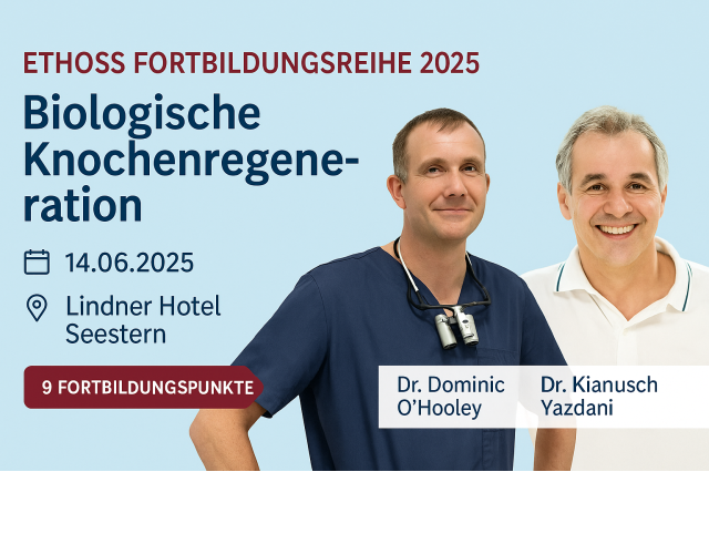 Zahnärztliche Fortbildung zur Knochenregeneration mit Live-Operation im Lindner Hotel Seestern Düsseldorf, präsentiert von EthOss – Zahnärzte beobachten chirurgischen Eingriff zur Anwendung regenerativer Techniken.
